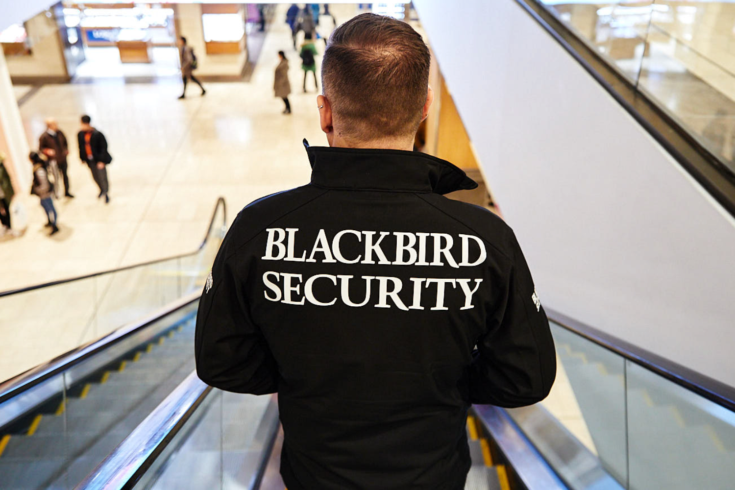 Blackbird security guard riding down escalator