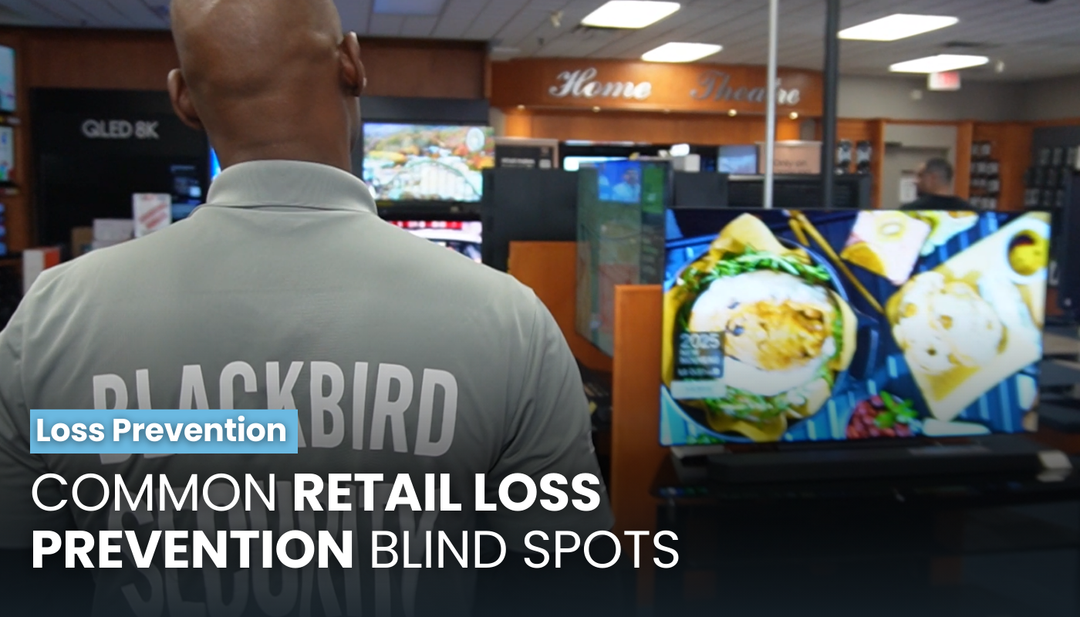 A security guard monitors the electronics section of a store with the text "Common Retail Loss Prevention Blind Spots" on the image.