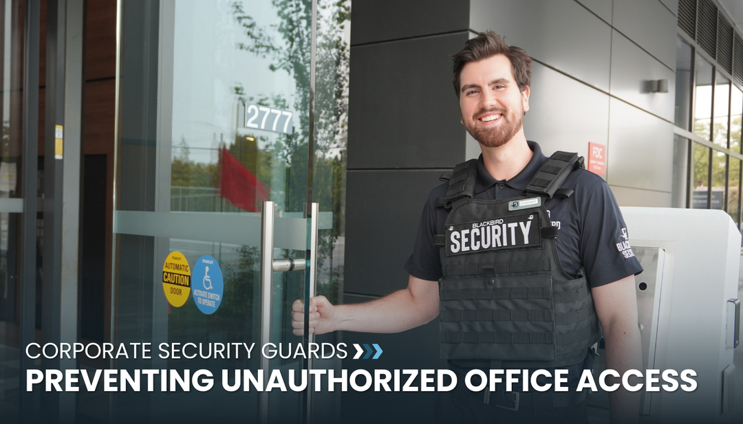 A smiling security guard holding an office lobby door open