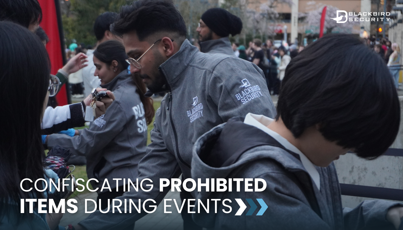 A closeup of an event security guard wearing the grey Blackbird Security event uniform conducting a bag check for a line of attendees.