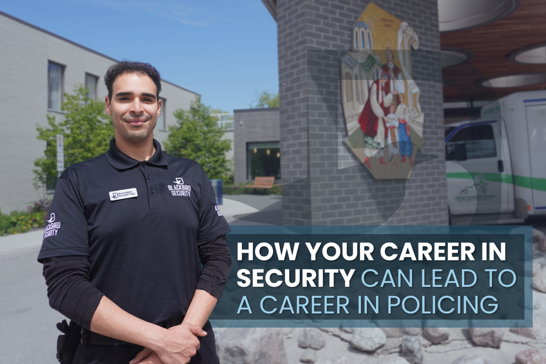 Blackbird security guard in front of police station