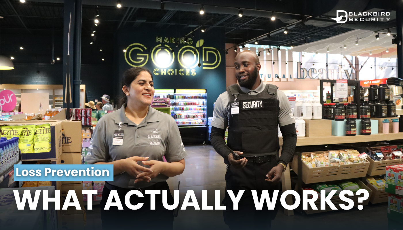 Two retail security guards walking through a store with the text "Loss Prevention What Actually Works?" underneath