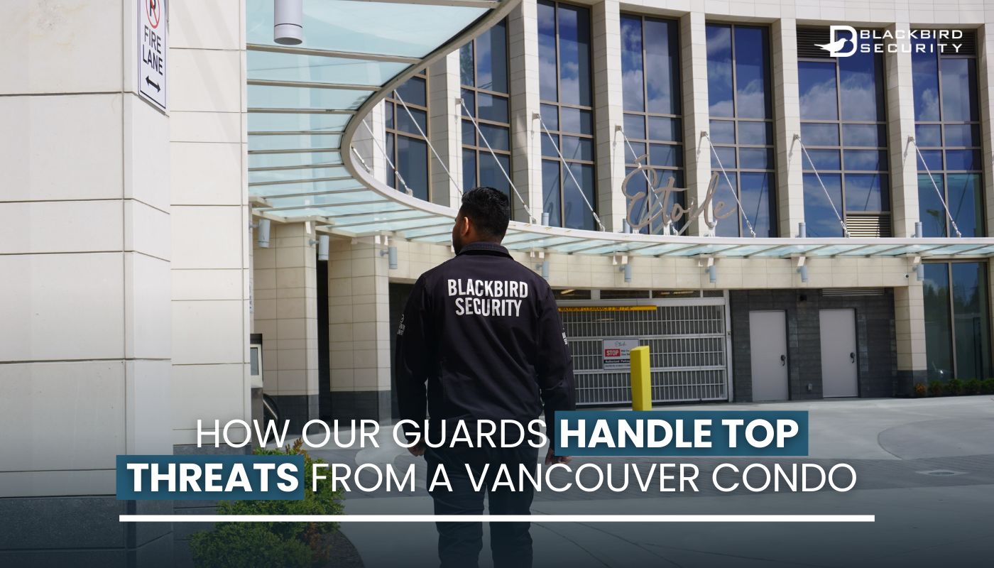 A Blackbird Security residential security guard walks around the exterior of a high-end condo building in Vancouver.
