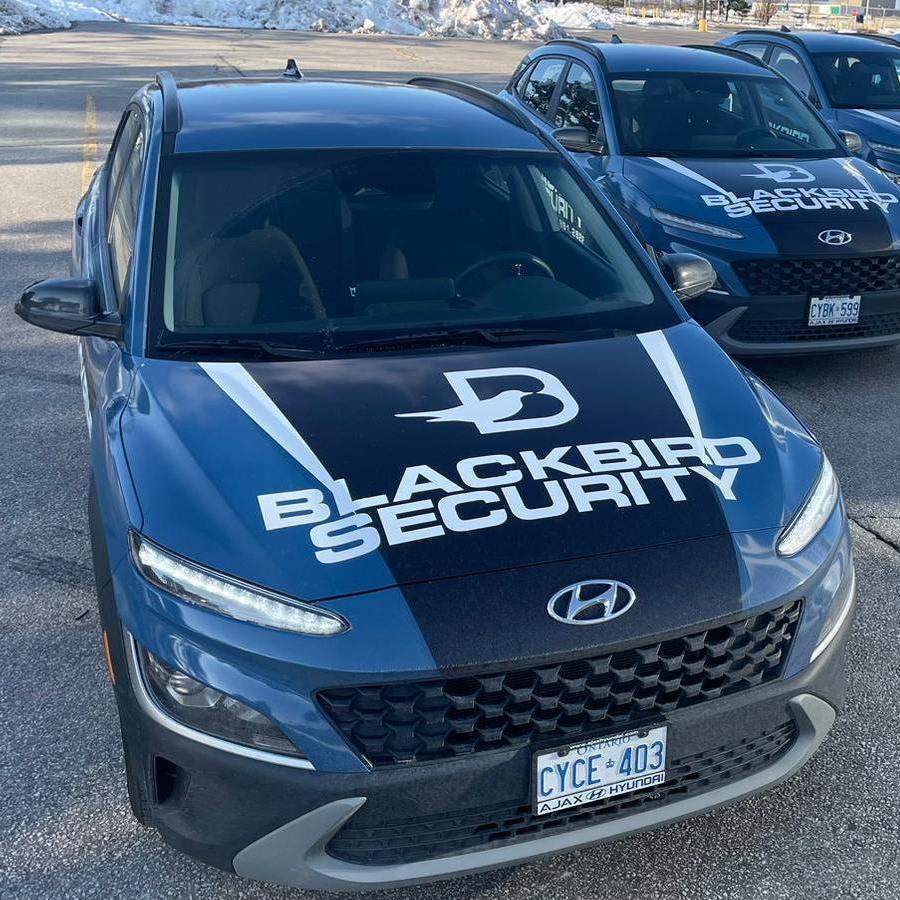 Branded car with Blackbird Security logo parking in a lot.