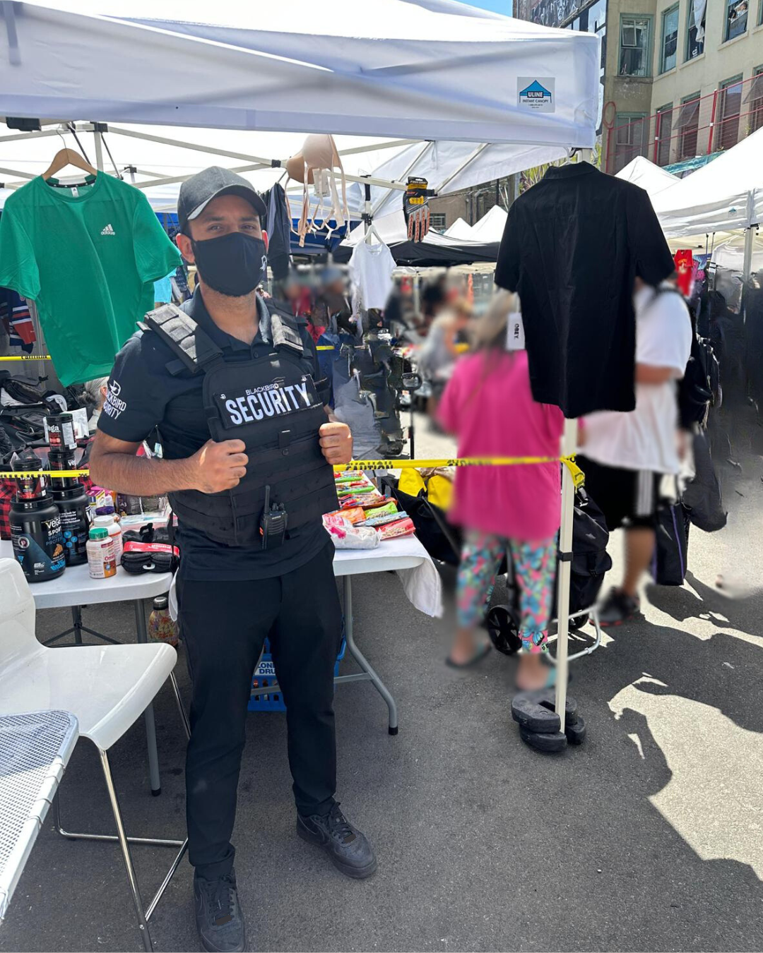Blackbird security guard patrolling at street markets