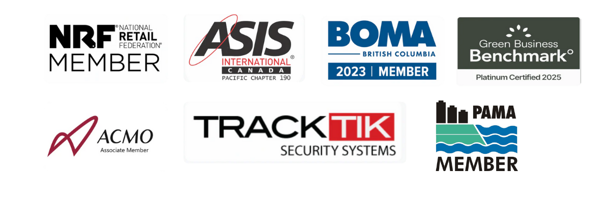 Logos of various organizations including NRF, ASIS, BOMA, Green Business Benchmark, ACMO, Track ITK, and PAMA on a white background.