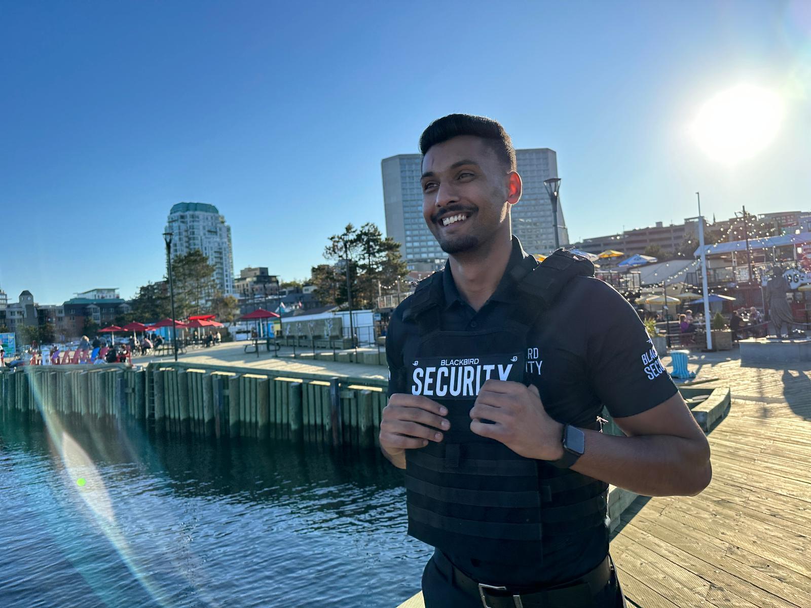 Blackbird security guard at waterfront docks