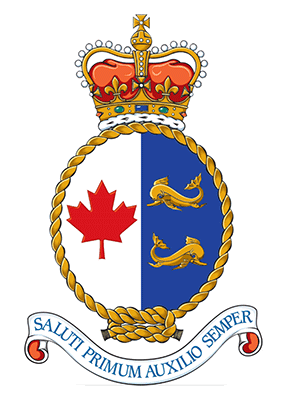 Canadian Coast Guard badge logo with coat of arms with a red maple leaf, blue background, and gold elements on a white background.